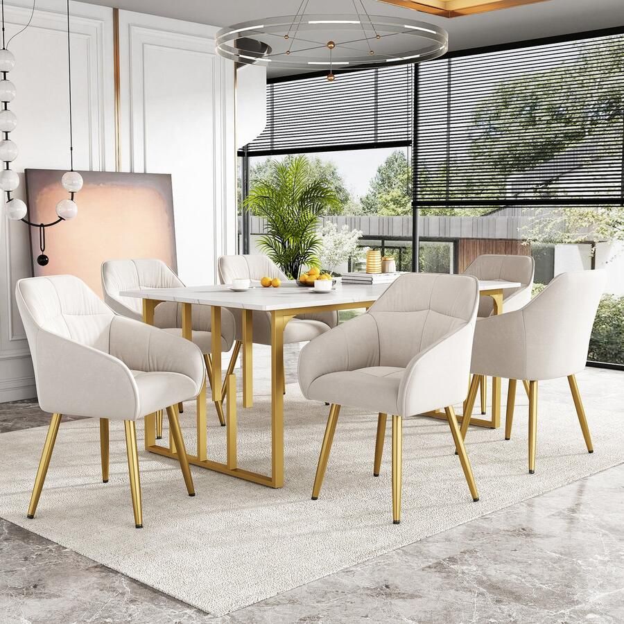 Sweiko Eetkamerstoelen (6-delig) Zachte kussens met metalen poten Fluweel Zachte kussens met fluwelen cover keukenstoelen met rugleuning fluweel met armleuningen woonkamer stoelen verstelbare stoel voorpoten Beige kleur