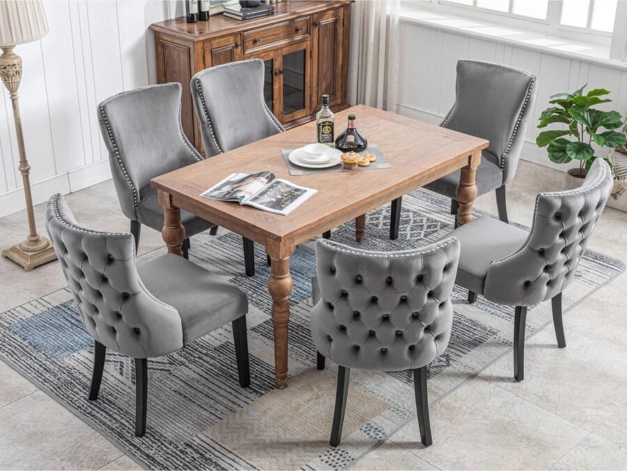 Sweiko Eetkamerstoelen (6-stoelen) Grijze fluwelen eetkamerstoelen met knoopstiksels massief houten frame Grijs (excl. tafel)