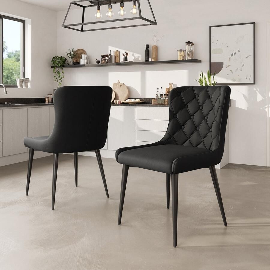 Sweiko Eetkamerstoelen met Rugleuningen (2) Keukenstoelen met Fluwelen covers Ergonomische stoelen Zwarte ijzeren poten Zwart
