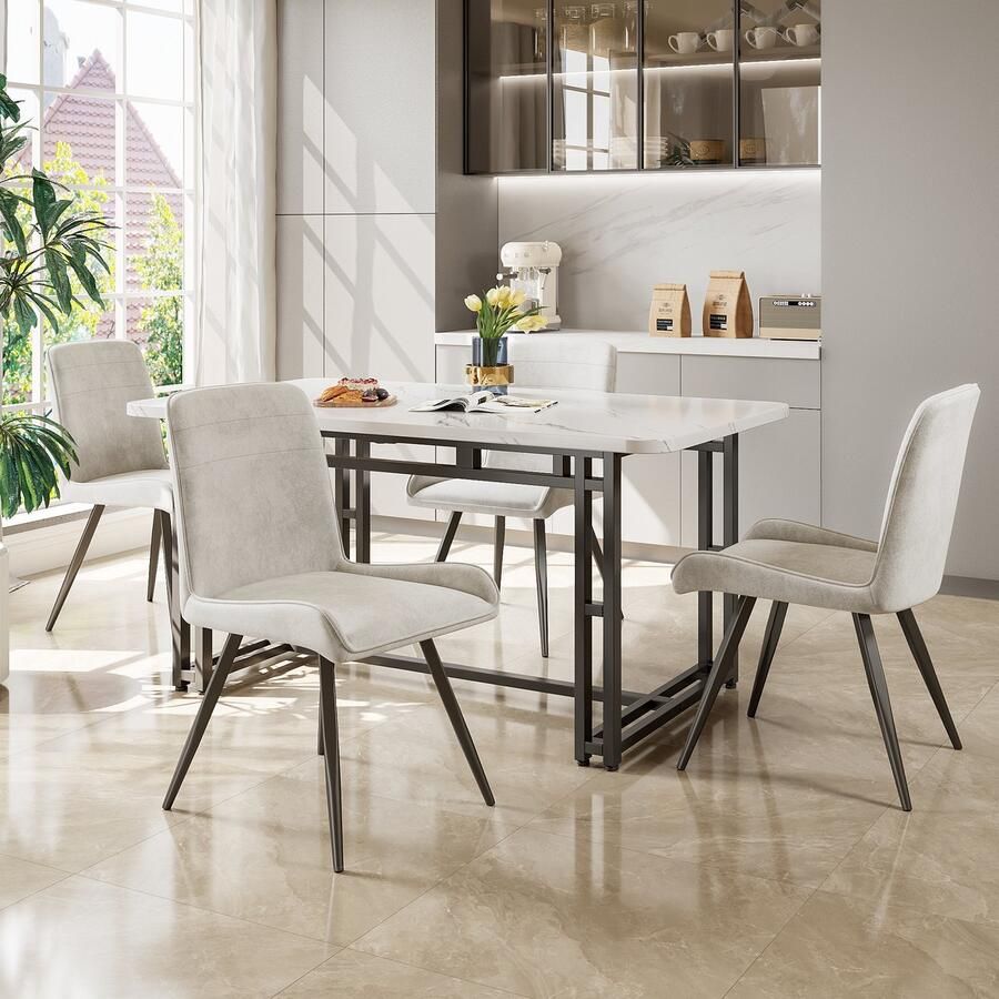 Sweiko Eetkamerstoelen met Rugleuningen (4-sets) Eettafel en Stoel Technologie Stof Ergonomische stoelen Metalen stoelpoten keukenstoelen eetkamerstoelen woonkamer stoelen Beige (Geen tafel)