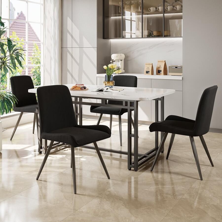 Sweiko Eetkamerstoelen met Rugleuningen (4-sets) Eettafel en Stoel Technologie Stof Ergonomische stoelen Metalen stoelpoten keukenstoelen eetkamerstoelen woonkamer stoelen Zwart (Geen tafel)