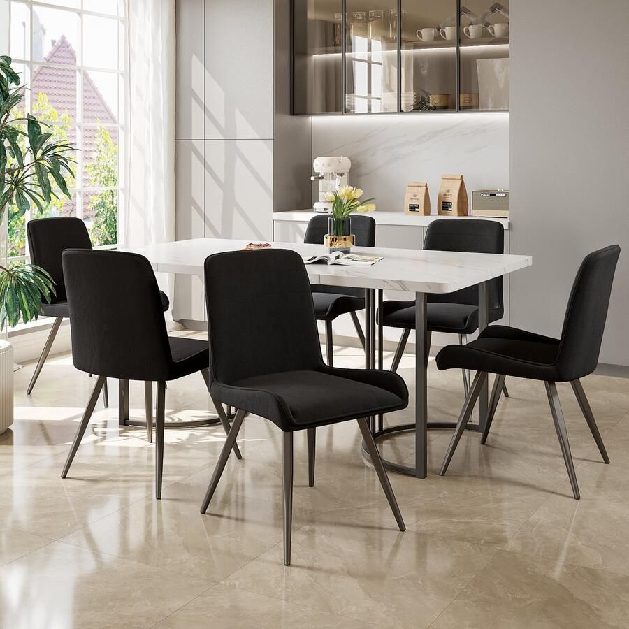 Sweiko Eetkamerstoelen met Rugleuningen (6-sets) Eettafel en Stoel Technologie Stof Ergonomische stoelen Metalen stoelpoten keukenstoelen eetkamerstoelen woonkamer stoelen Zwart(Geen tafel)