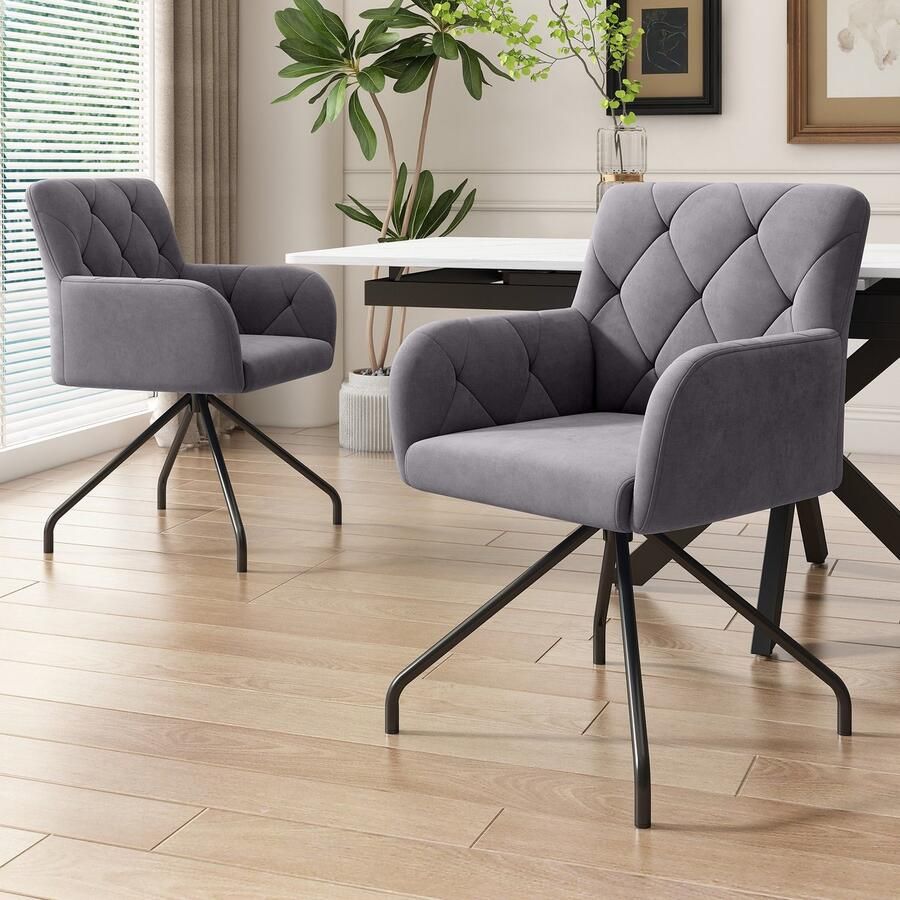 Sweiko 2-delige eetkamerstoelen met diamantpatroon gestoffeerde fauteuil met 4-metalen benen moderne lounge stoel woonkamer stoel voor slaapkamer werkkamer en bureau lumbale ondersteuning fluweel grijs