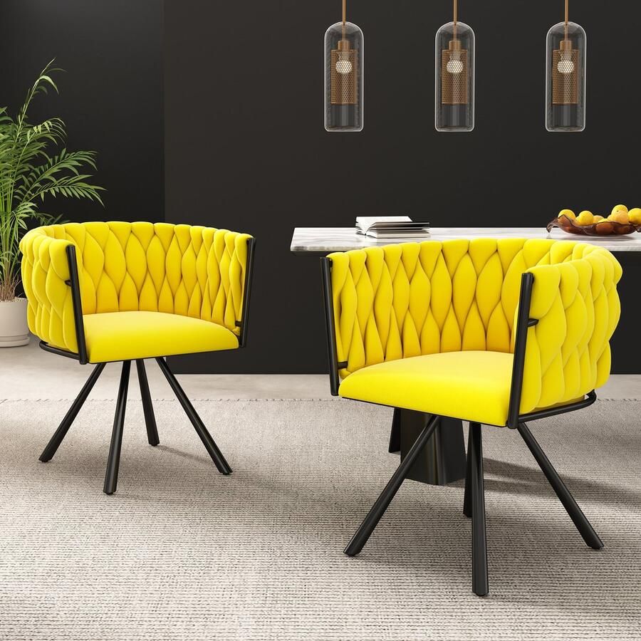 Gutent Eetkamerstoel set van 2 fluweel Draaibaar vier metalen steunpoten Geel en Zwart
