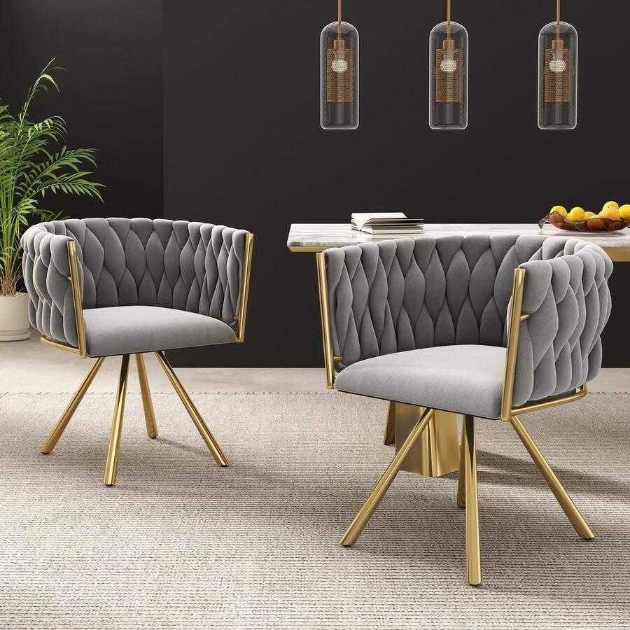 Gutent Eetkamerstoel set van 2 Fluwelen stof 360° rotatiefunctie vier metalen steunpoten Grijs en Goud