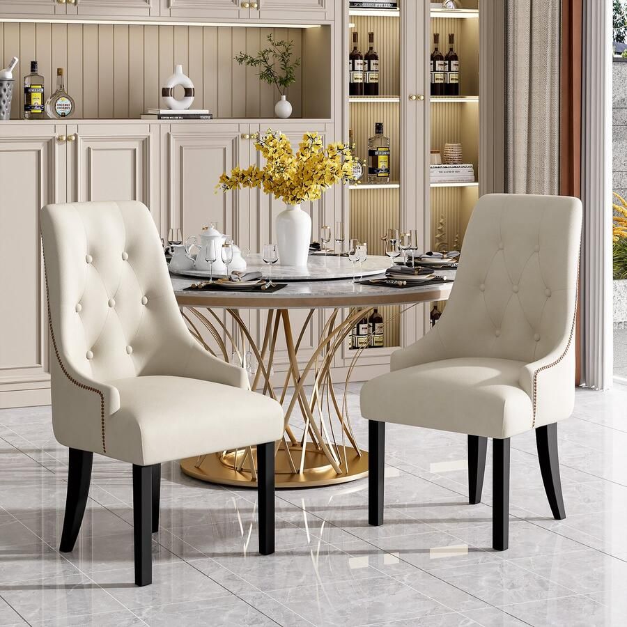 Sweiko Eetkamerstoelen Set van 2 Fluwelen stof Rubberhouten poten Beige