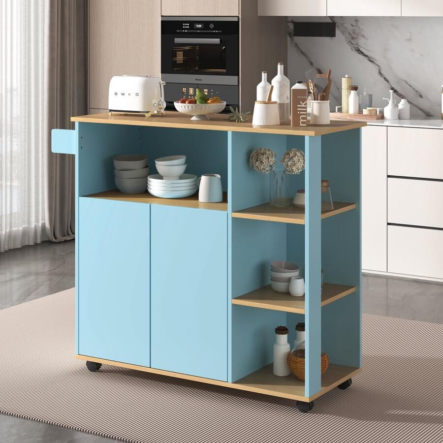 Sweiko Eetkarretje Dressoir 360° Draaiwielen Houten graan aanrecht Lichtblauwe kast magnetron rek geschikt voor keuken en restaurant L105cmxB38cmxH84cm