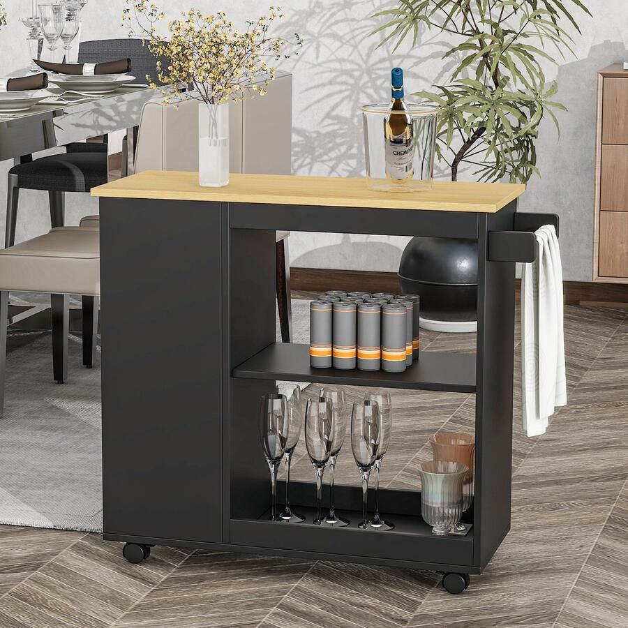 Sweiko Eetkarretje Dressoir Open opslagconcept met 4-stille Wielen Geschikt voor Keuken en eetkamer planken voor magnetron koffiezetapparaat kruidenblikken enz. Zwart L105*B38*H89 cm