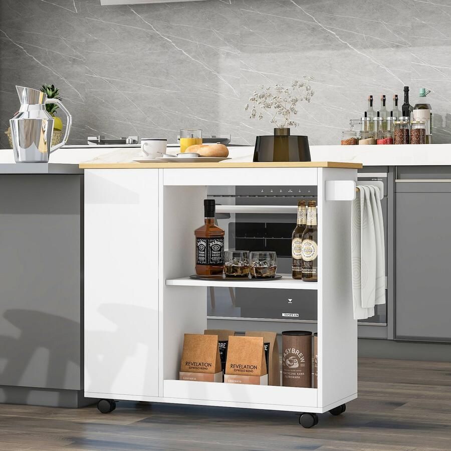 Sweiko Eetkarretje Dressoir Open opslagconcept met 4-stille Wielen Geschikt voor Keuken en eetkamer planken voor magnetron koffiezetapparaat kruidenblikken enz. Wit L105*B38*H89 cm