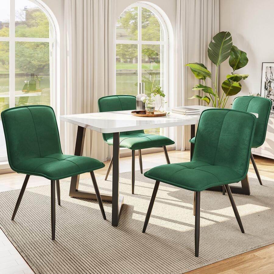 Sweiko Eetkamerstoelen met Rugleuning (set van 4) Keukenstoelen met Fluwelen Bekleding beklede metalen stoelen ergonomische stoelen Donkergroen(Geen tabel)
