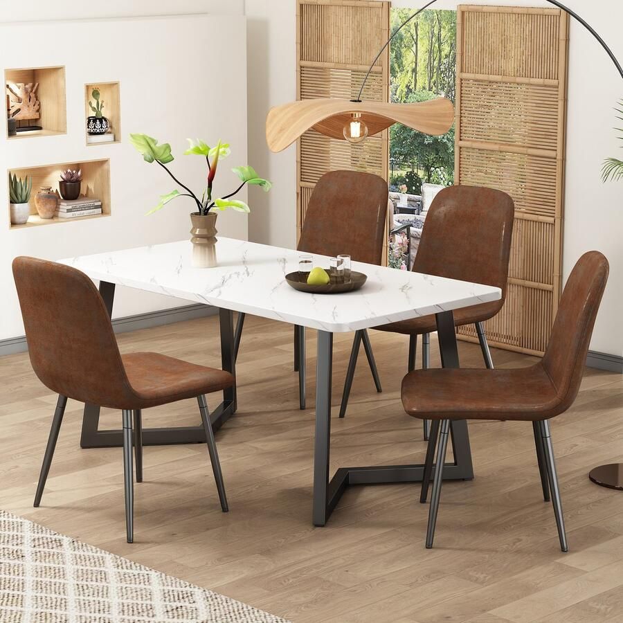 Sweiko Eetset (5-delige set) Moderne keuken eettafel set met 4-stoelen Restaurant stoelen retro faux suède ijzeren beenzitjes Bruin synthetisch leer Zwarte tafelpoten