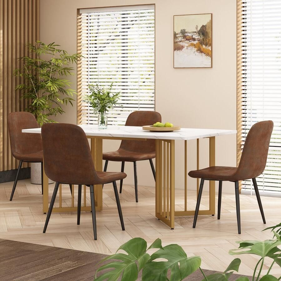 Sweiko Eetset (5-delige set) Moderne Keuken Eettafel set met 4-stoelen Restaurant stoelen retro faux suède ijzeren beenzitjes bruin synthetisch leer V-vormige gouden tafelpoten