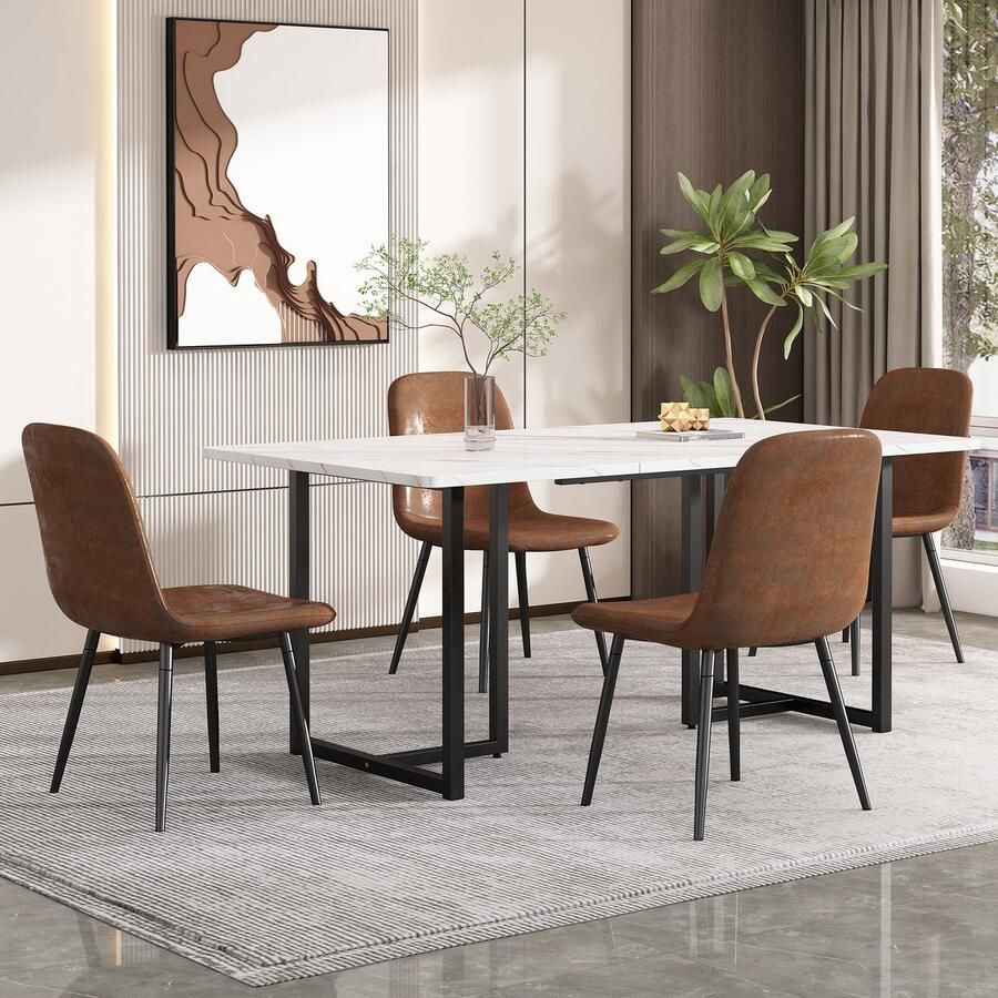 Sweiko Eetset (5-delige set) Moderne Keuken Eettafel set met 4-stoelen Restaurant stoelen retro faux suède ijzeren beenzitjes bruin kunstleer L-vormige zwarte tafelpoten