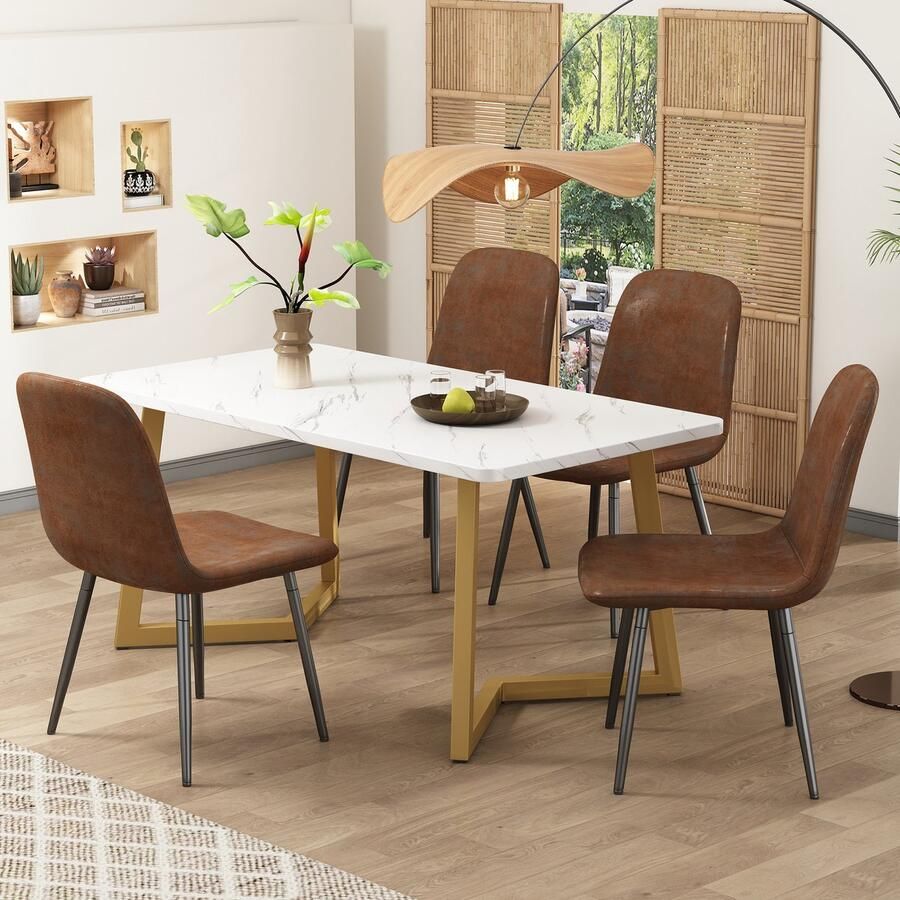 Sweiko Eetset (5-delige set) Moderne keuken eettafel set met 4-stoelen retro faux suède ijzeren beenzitjes Bruin kunstleer Gouden tafelpoten