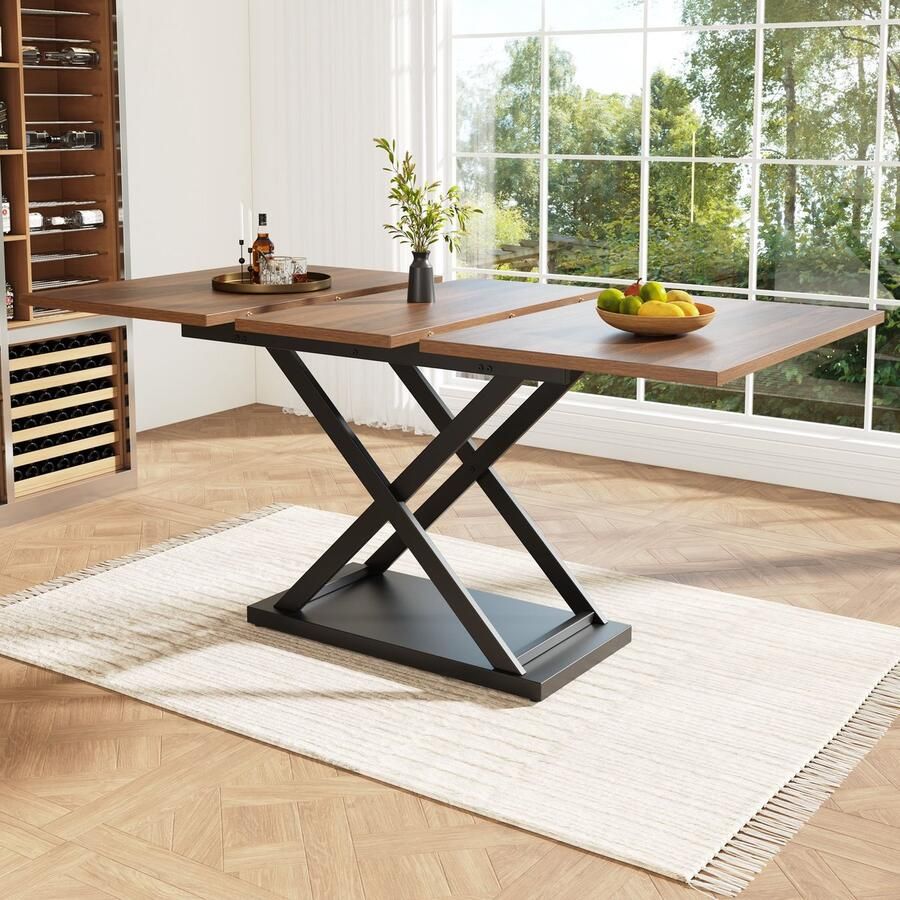 Sweiko Eettafel 120-160 x 80 cm Uitschuifbaar Zwarte gekruiste ijzeren poten Bruin houtnerf tafelblad