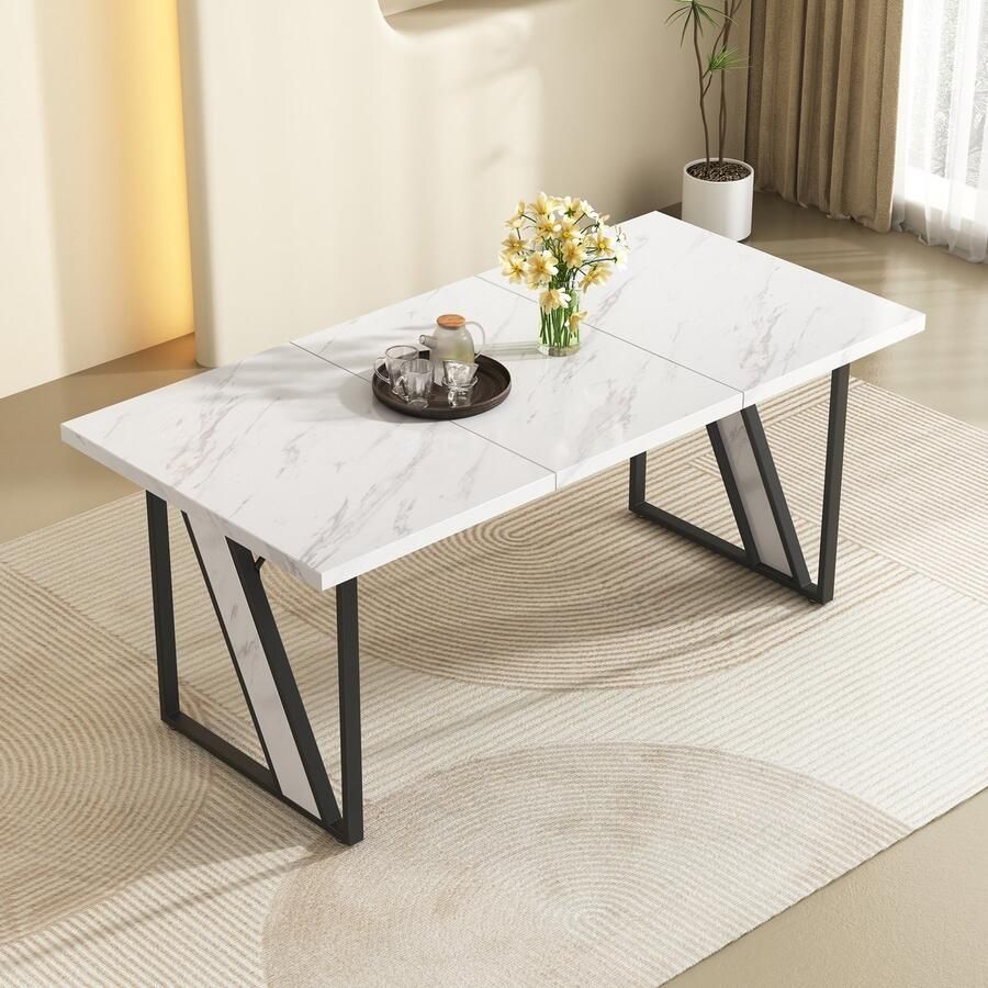 Sweiko Eettafel 160×80 cm Marmerfineer Voor 4 personen Wit+Zwart