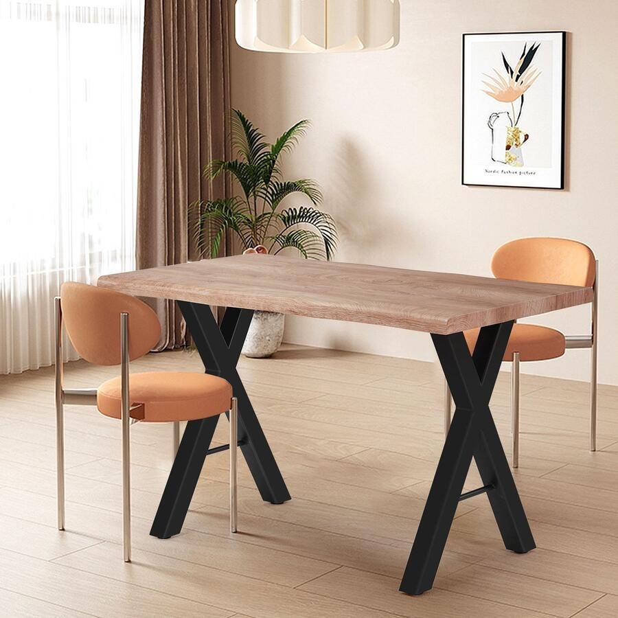 Sweiko Eettafel 4 cm dik tafelblad patchwork constructie gepolijst oppervlak golvende randen moderne X-A poten natuurlijke minimalistische stijl 120x70x76 cm