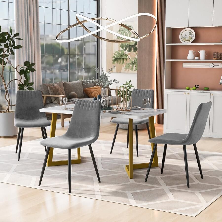Sweiko Eettafel en stoel set (1+4) Gouden poot eettafel met 4 donkergrijze fluwelen eetkamerstoelen Moderne eettafel en stoel set marmeren MDF eettafel met elegante stoelen