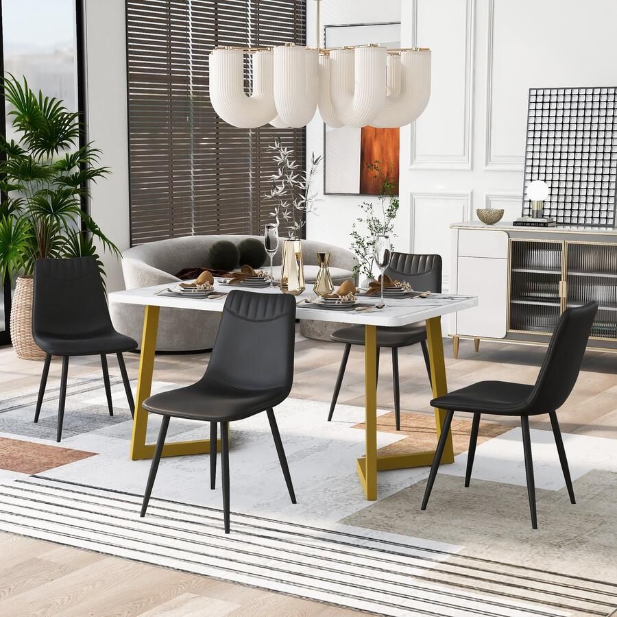 Sweiko Eettafel en stoel set (1+4) Gouden voet eettafel met 4 Zwarte PU eetkamerstoelen moderne eettafel en stoel set marmer patroon eettafel klassieke en elegante stoelen