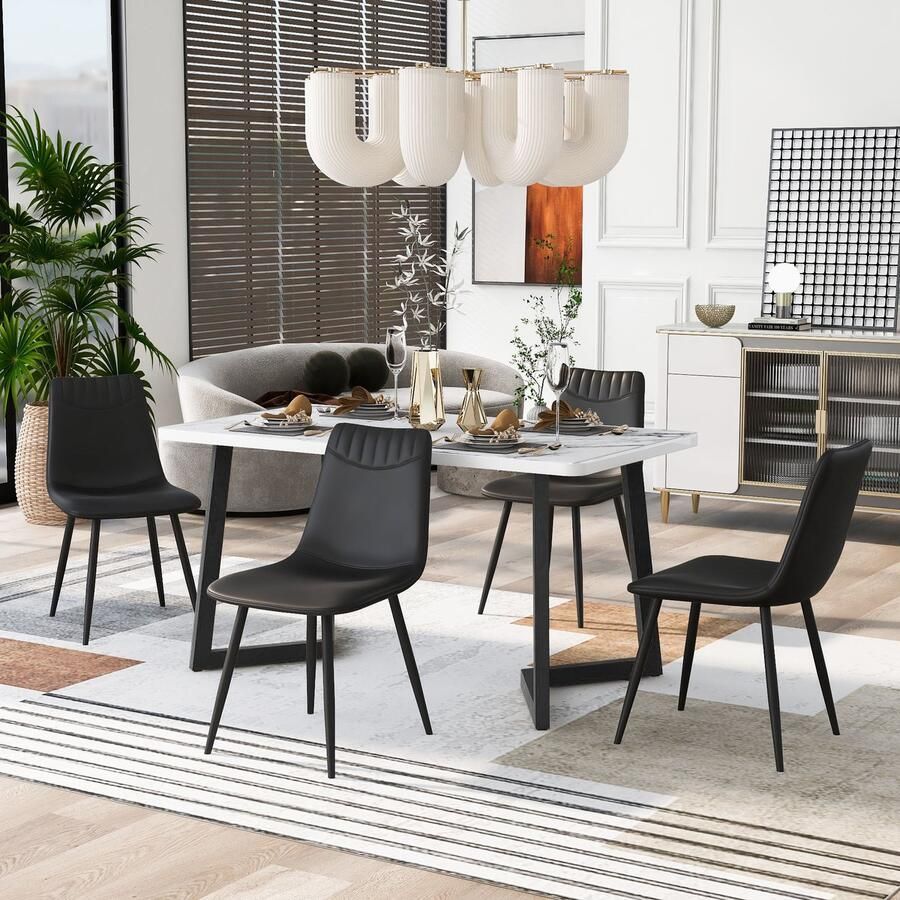 Sweiko Eettafel en stoel set (1+4) Zwarte Eettafel Gecombineerd met 4 zwarte PU eetkamerstoelen moderne eettafel en stoel set marmer patroon eettafel klassieke en elegante stoelen