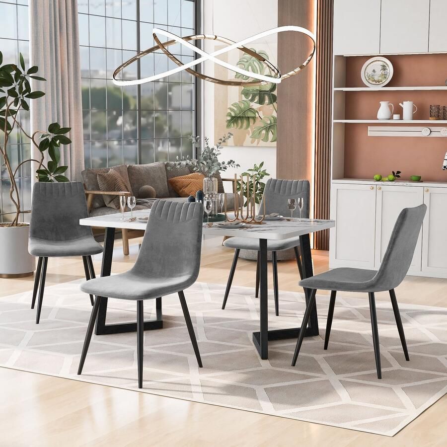 Sweiko Eettafel en stoel set (1+4) Zwarte poot eettafel met 4 donkergrijze fluwelen eetkamerstoelen moderne eettafel en stoel set marmeren MDF eettafel met elegante stoelen