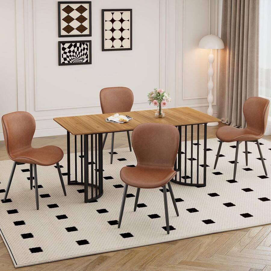 Sweiko Eettafel en Stoel Set Houten tafelblad 4 PU stoelen Bruin