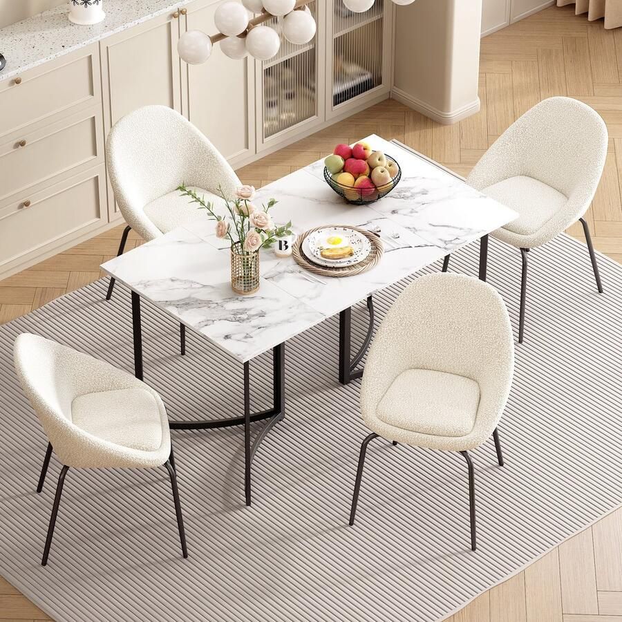 Sweiko Eettafel en Stoel Set Marmer look 4 Shaker stoelen Wit + Beige