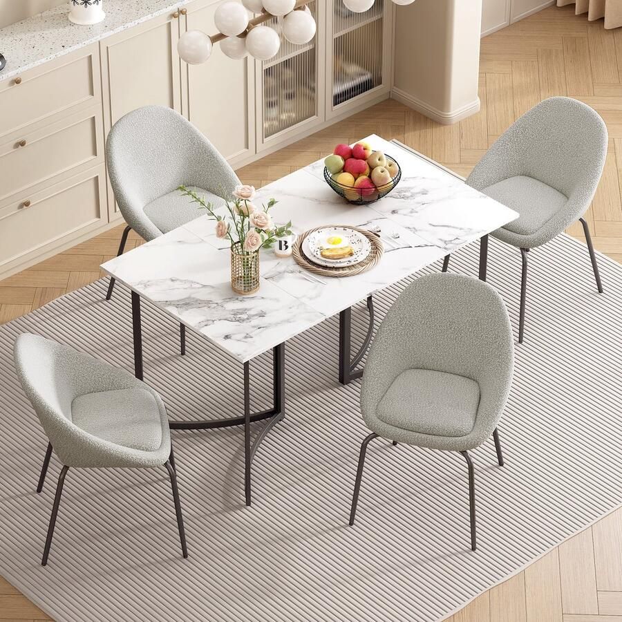 Sweiko Eettafel en Stoel Set Marmer look 4 Shaker stoelen Wit + Grijs