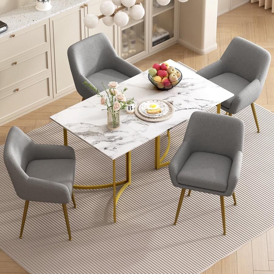 Sweiko Eettafel en Stoel Set Marmer look 4 Teddy stof stoel Wit + Grijs