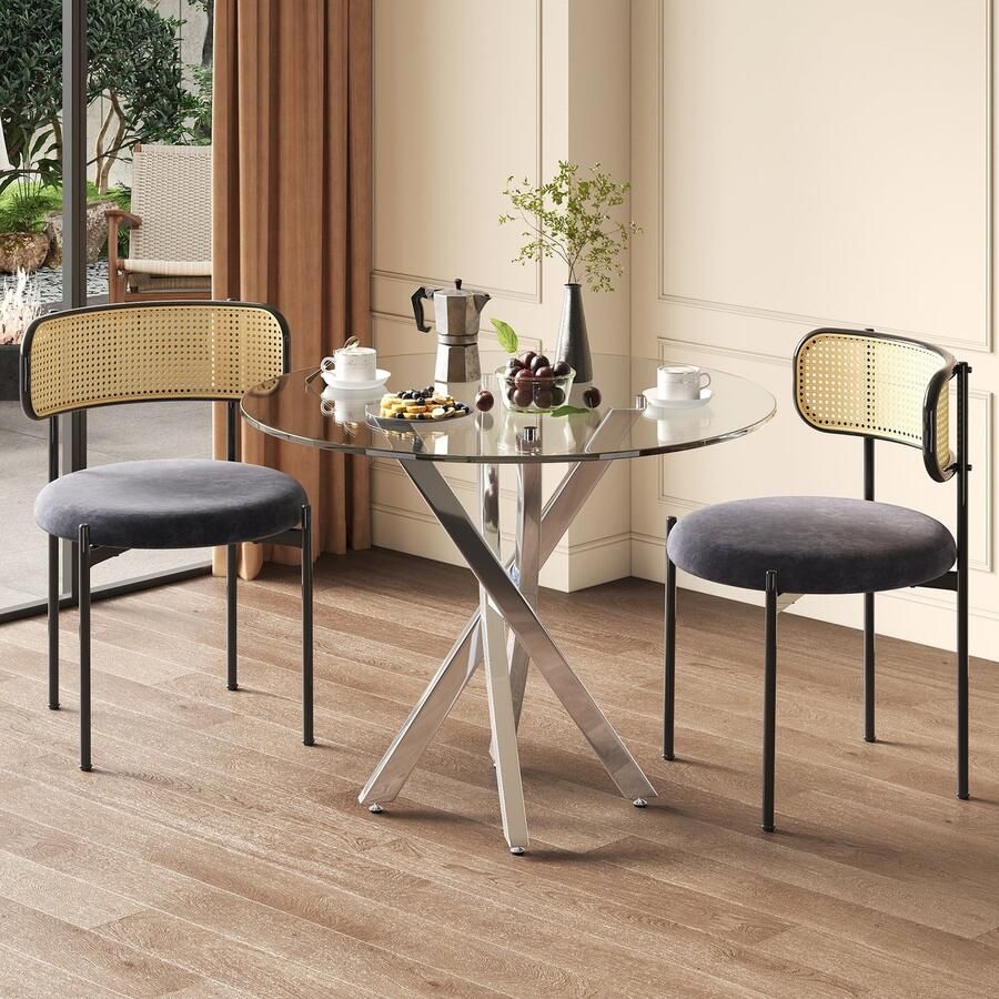 Sweiko Eettafel en stoelen set 2 stoels Glazen tafelblad Gegalvaniseerde poten Rotan rugleuning Zilver + Grijs