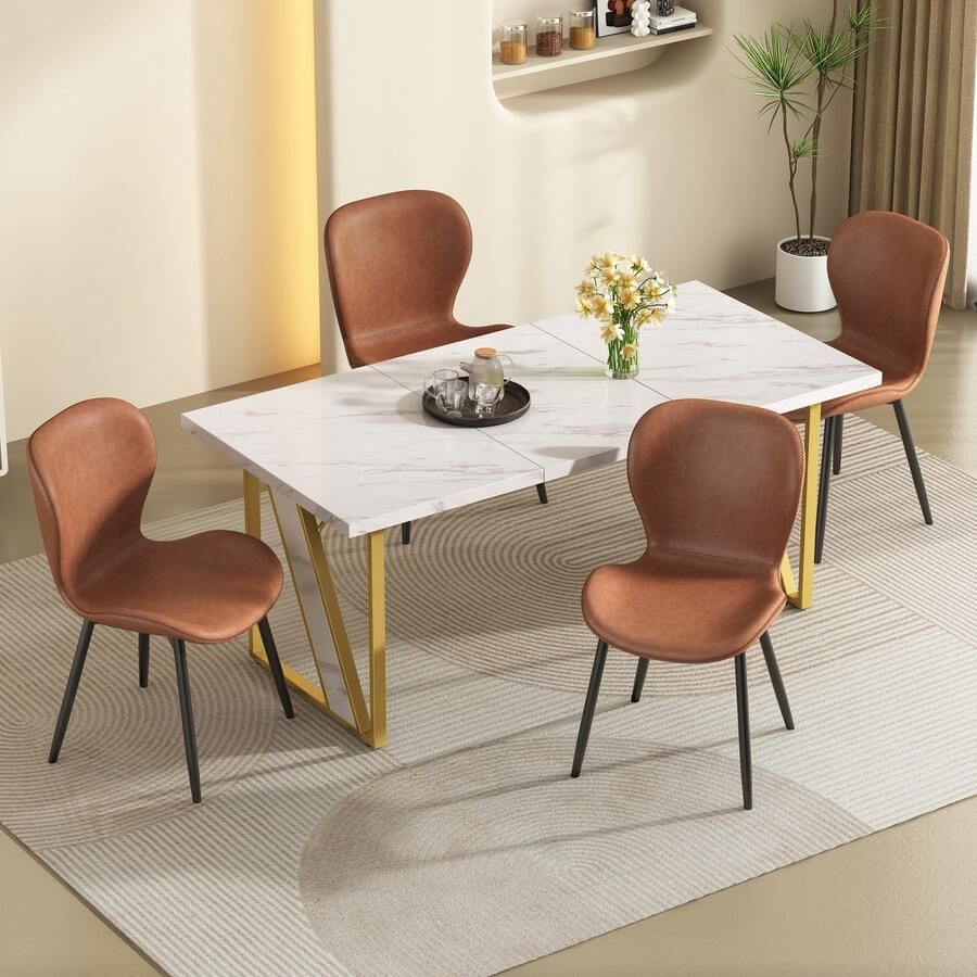 Sweiko Eettafel en stoelen set 4 stoelen Afgewerkt met wit marmer PU leren stoelen Bruin + Goud