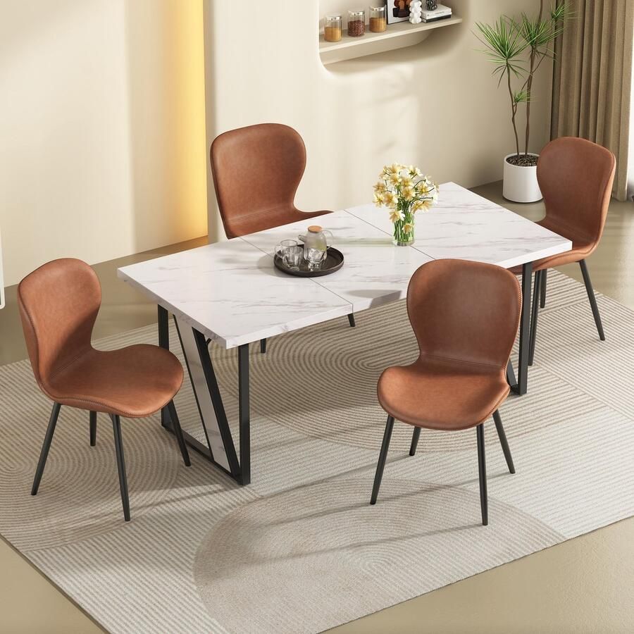 Sweiko Eettafel en stoelen set 4 stoelen Afgewerkt met wit marmer PU leren stoelen Bruin + zwart