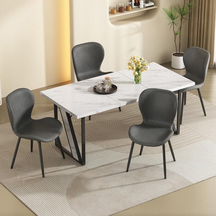 Sweiko Eettafel en stoelen set 4 stoelen Afgewerkt met wit marmer PU leren stoelen Wi t+ Grijs