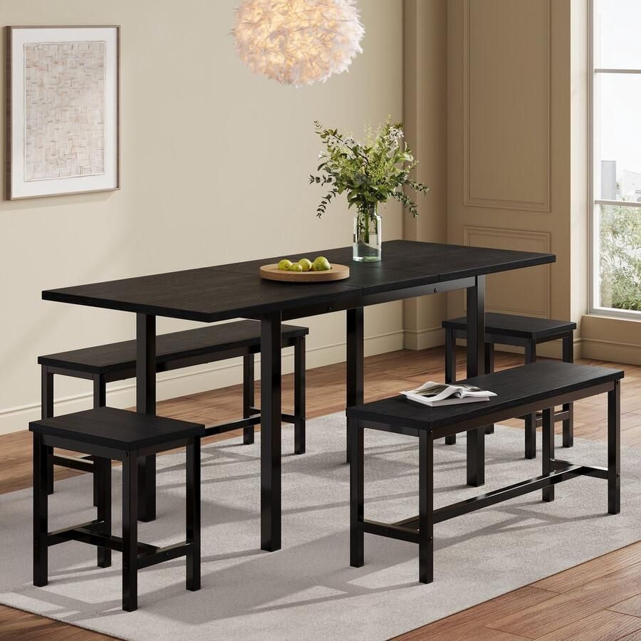 Sweiko Eettafel en Stoelen Set 4 Stoelen Uitschuifbare Eettafel Zwart