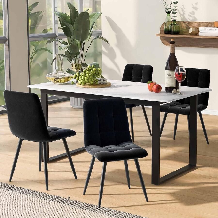 Sweiko Eettafel en stoelen set Marmerlook MDF tafelblad 4 velvet stoel Wit + Zwart