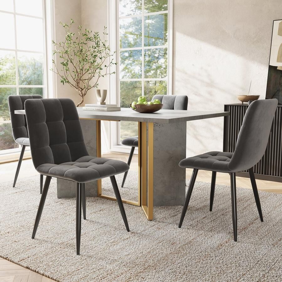 Sweiko Eettafel en stoelen set moderne eettafel in cementkleur metalen poten met 4 grijze eetkamerstoelen fluweel