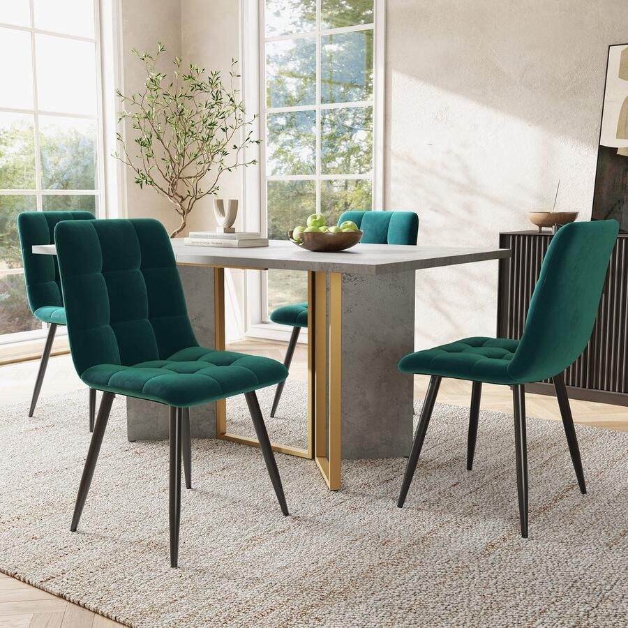 Sweiko Eettafel en stoelen set moderne eettafel in cementkleur metalen poten met 4 groene eetkamerstoelen fluweel