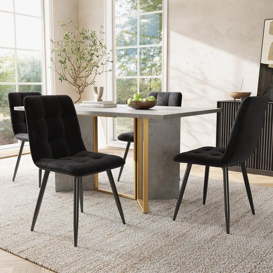 Sweiko Eettafel en stoelen set moderne eettafel in cementkleur metalen poten met 4 zwarte eetkamerstoelen fluweel