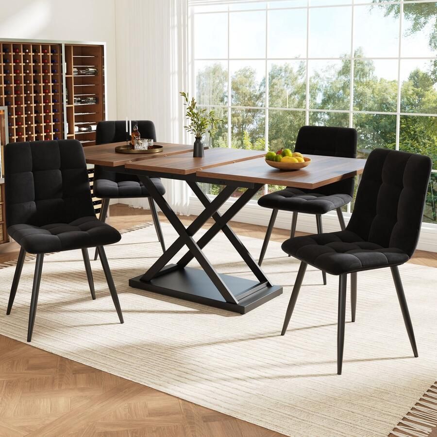 Sweiko Eettafel en stoelen set Uitschuifbare eettafel 4 velvet stoel Walnoot + Zwart