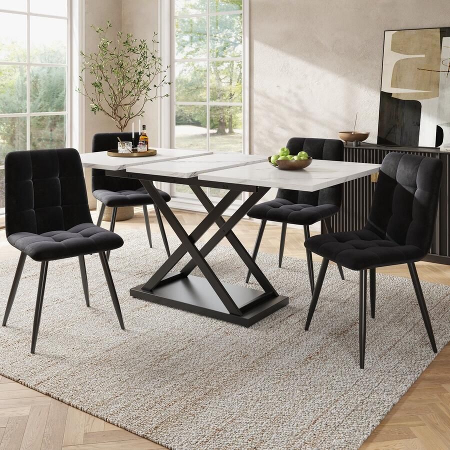 Sweiko Eettafel en stoelen set Uitschuifbare eettafel Marmerlook 4 velvet stoel Wit + Zwart