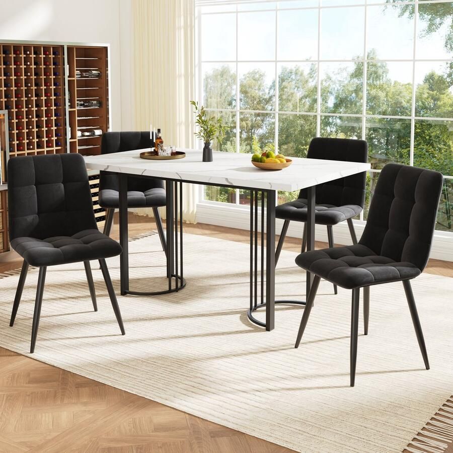 Sweiko Eettafel en stoelen set Uitschuifbare eettafel Marmerlook 4 velvet stoel Wit + Zwart