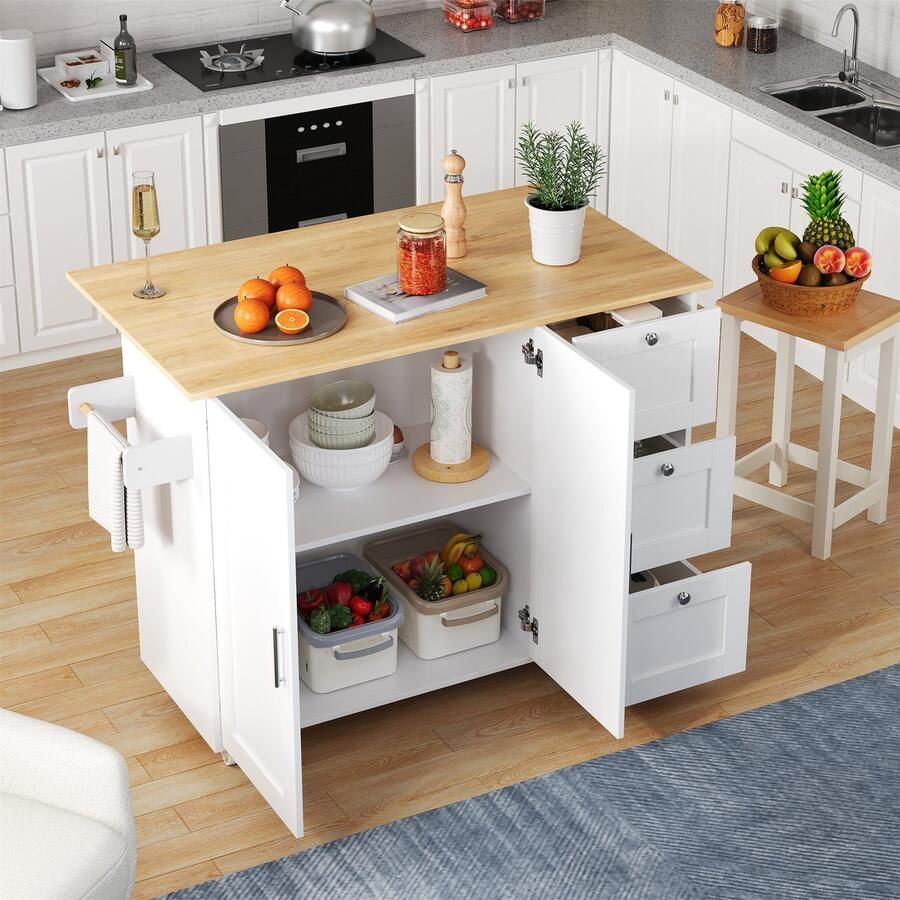 Sweiko Eettafel Keuken uitklapbare werkbladen Kasten 3 lades + handdoekenrek Met wielen Wit + Natuurlijk