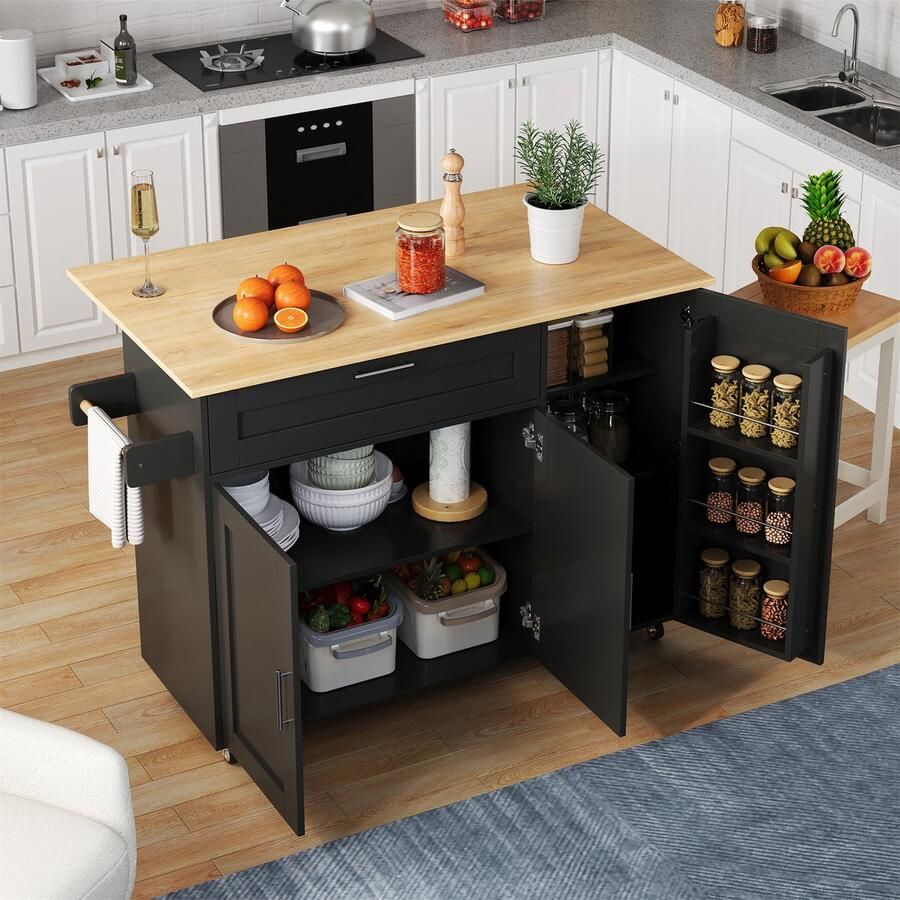 Sweiko Eettafel Keuken uitklapbare werkbladen Kasten Kruidenrek + handdoekenrek Met wielen Zwart + Natuurlijk