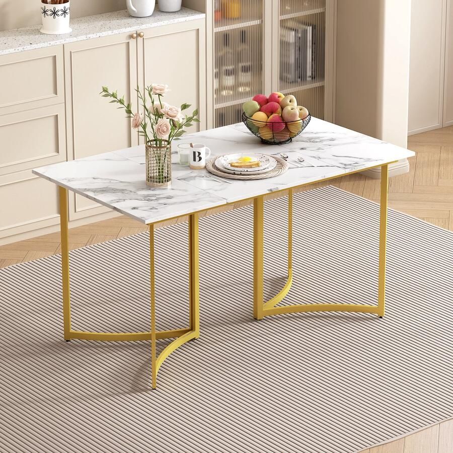 Sweiko Eettafel Marmerlook Gebogen poten Geschikt voor 4 personen Wit + goud