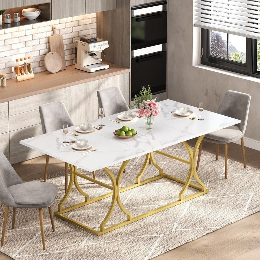 Sweiko Eettafel Marmerlook MDF-tafelblad Metalen poten Geschikt voor 6 personen Wit + Goud