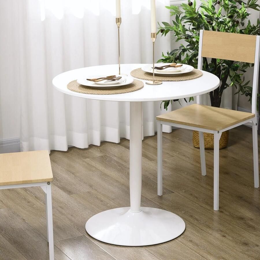 Sweiko Eettafel Rond tafelblad Diameter 80 cm MDF + staal Wit