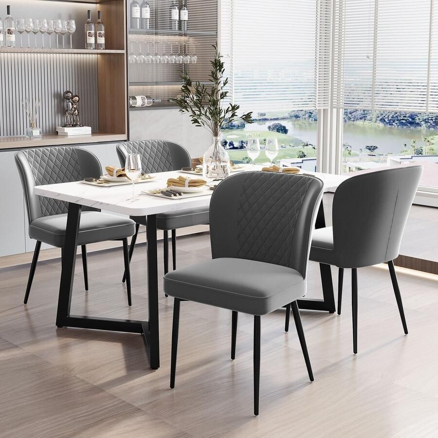 Sweiko Eettafel set 117 x 68 x 75cm eettafel met 4 stoelen moderne keuken eettafel set grijs fluweel eetkamerstoelen kussens stoel ontwerp met rugleuning wit MDF tafelblad zwarte tafelpoten
