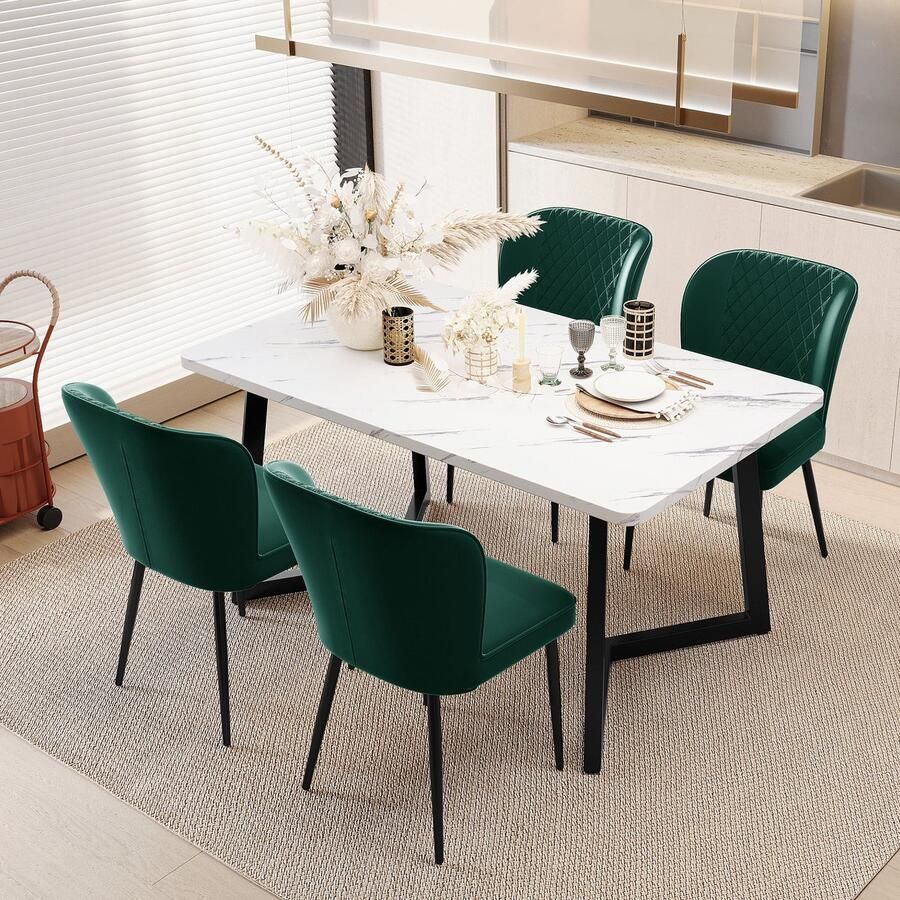 Sweiko Eettafel set 117 x 68 x 75cm eettafel met 4 stoelen moderne keuken eettafel set groen fluweel eetkamerstoelen kussens stoel ontwerp met rugleuning wit MDF tafelblad zwarte tafelpoten