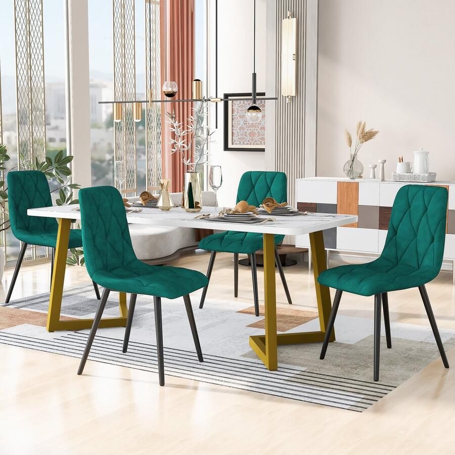 Sweiko eettafel set (117 x 68cm eettafel 4 stoelen) rechthoekige eettafel moderne keuken eettafel set eettafel en stoelen groene twill fluweel keukenstoelen gouden tafelpoten