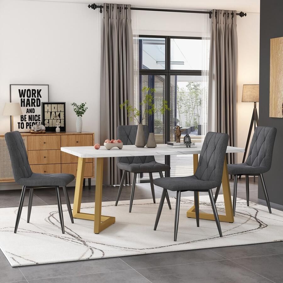 Sweiko Eettafel set (117 x 68cm eettafel 4 stoelen) rechthoekige eettafel moderne keuken eettafel set eettafel en stoelen donkergrijze twill linnen keukenstoelen gouden tafelpoten